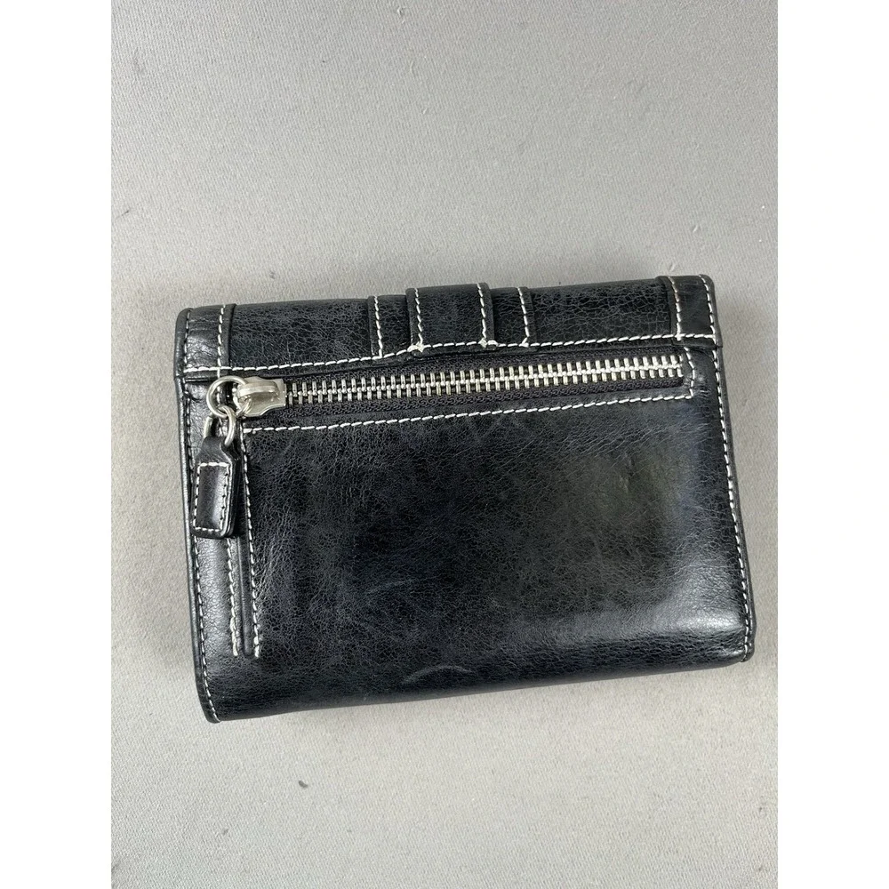 Vintage Isabella Fiore Black Leather Wallet Y2K Silver Buckle Trifold